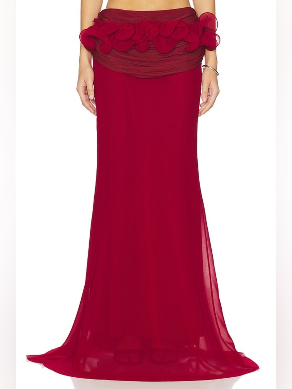 Aniye Records Burgundy 3D Floral Ruffle Maxi Skirt